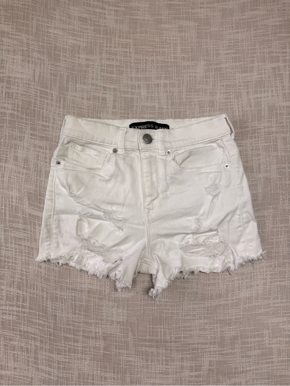 Express Jeans White Distressed High Rise Denim Shorts Size 00 Frayed Hem